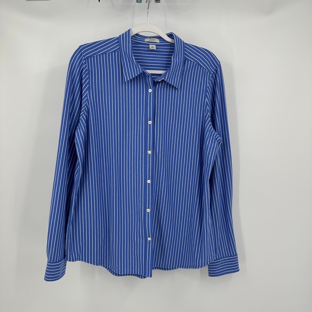 LL Bean Womens Preppy Nautical Striped Top Size L Costal Hamptons Blue White